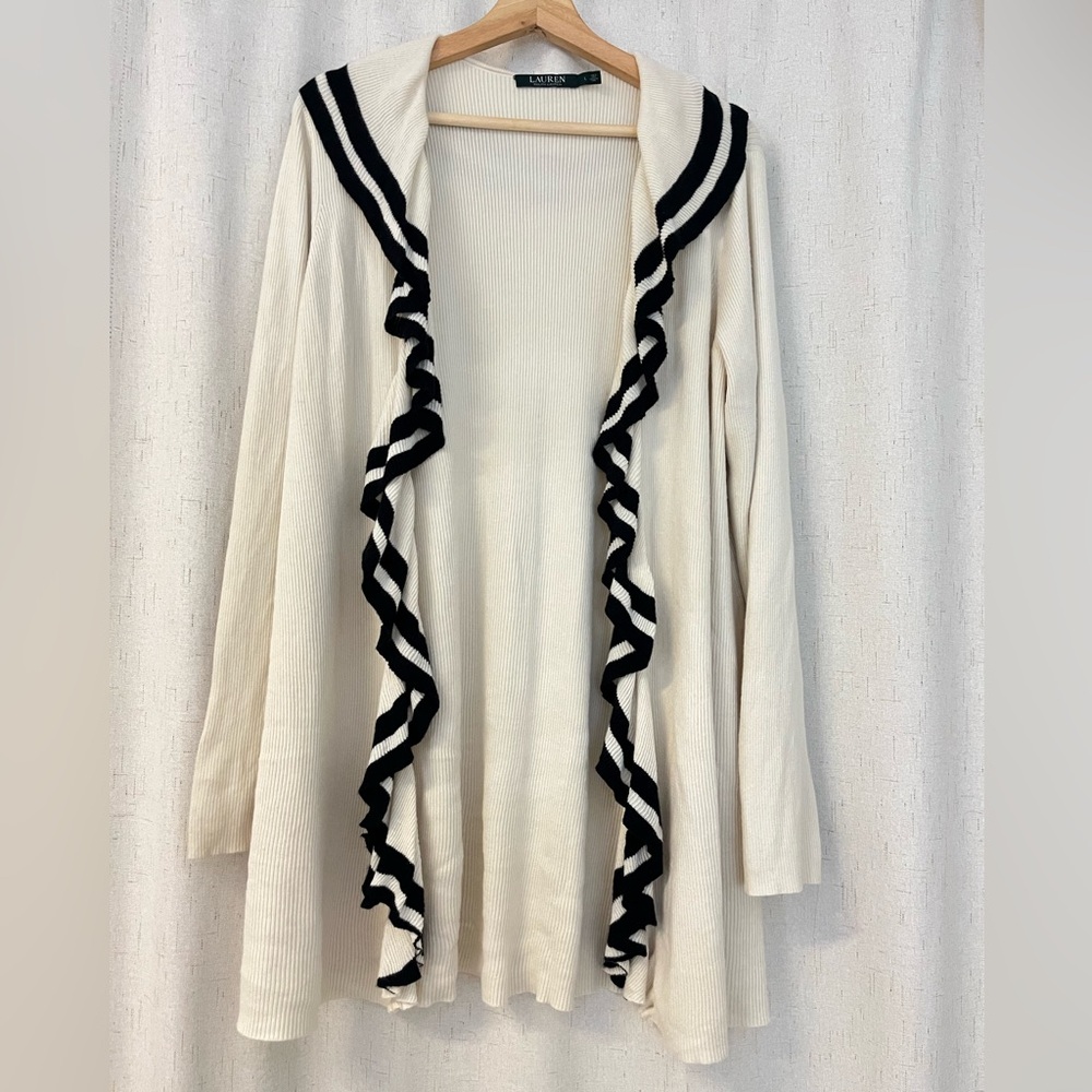 Ralph Lauren Cream Cardigan with Black Ruffle Trim